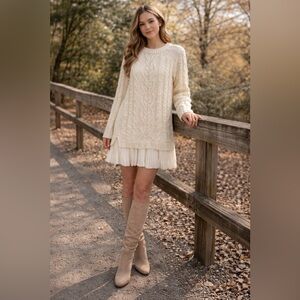 Cream Cable Knit Sweater Dress w/ Pleated Hem | Cozy Fall Mini XS